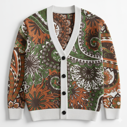 Olive Green Brown White Paisley pattern Cardigan