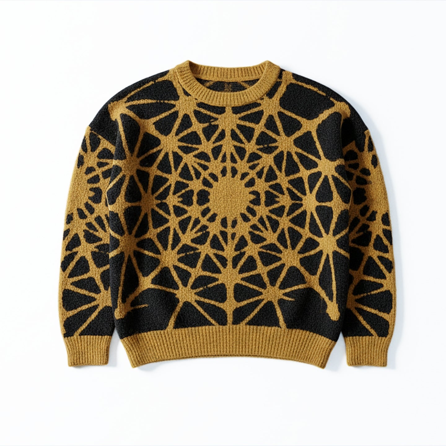 Luxury knitwear with street style flair, featuring a mandala-like, abstract gold and black design for standout looks