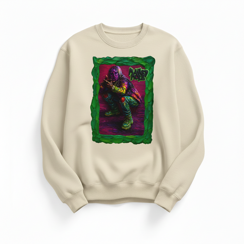 Streetwear sweater with neon-coloured urban figure in 3D gallery frame and graffiti lettering, on beige