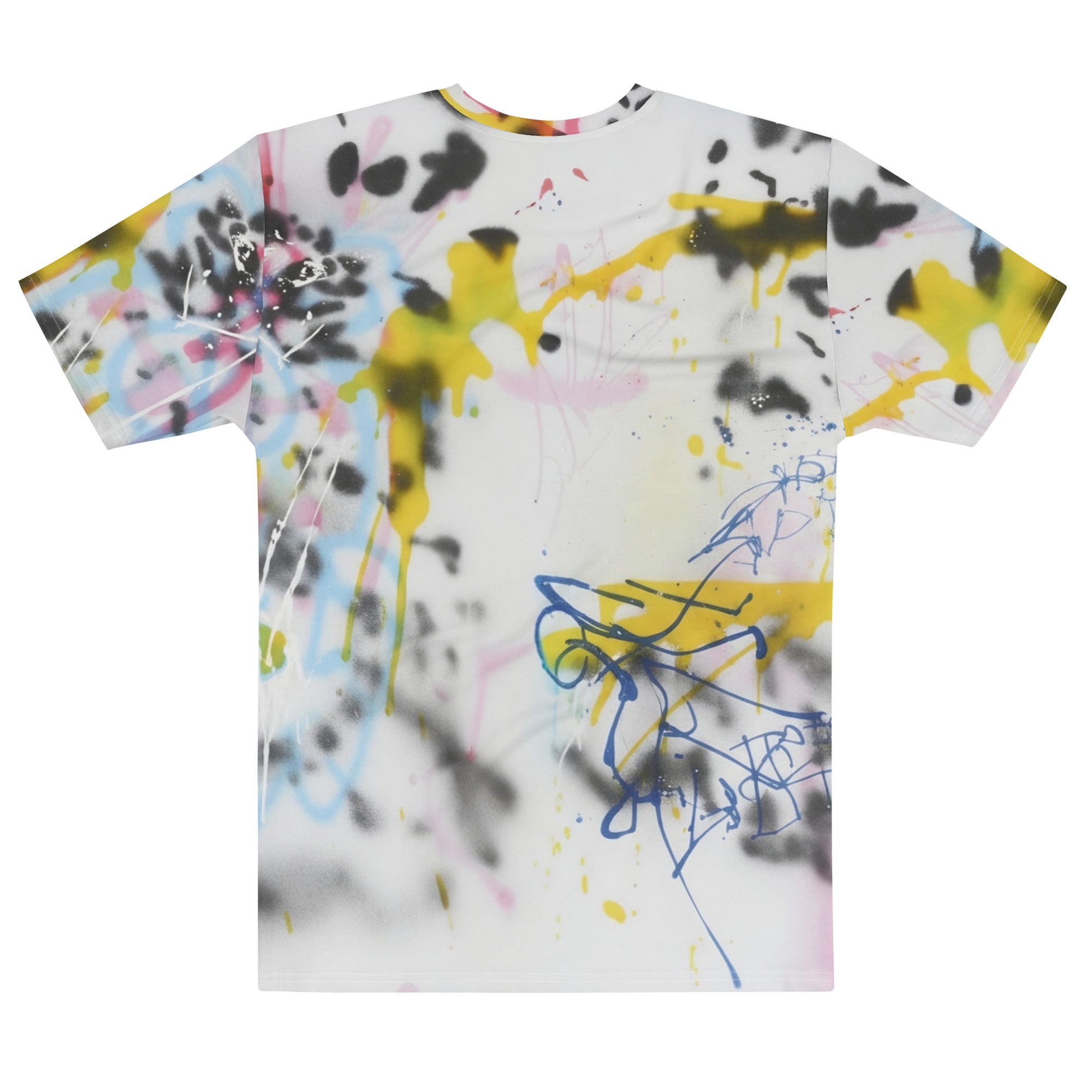 Unisex T-shirt with all-over graffiti spray print in pastel yellow, blue, and black, small central emblem — luxurious streetwear.