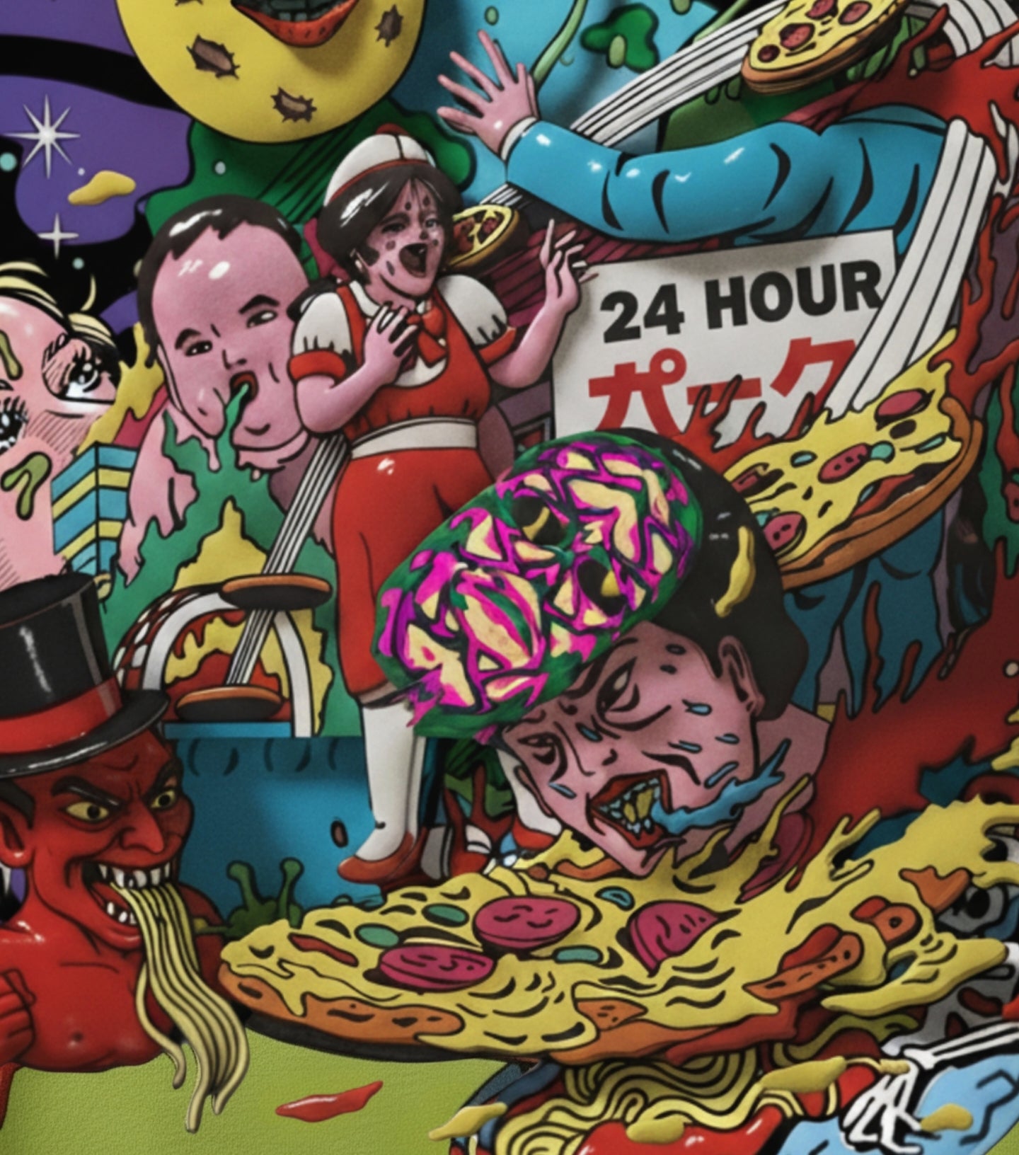 Close-up: highly pigmented digital print on green sweatshirt shows pizza splatters, pop-surrealistic characters, and numbered edition