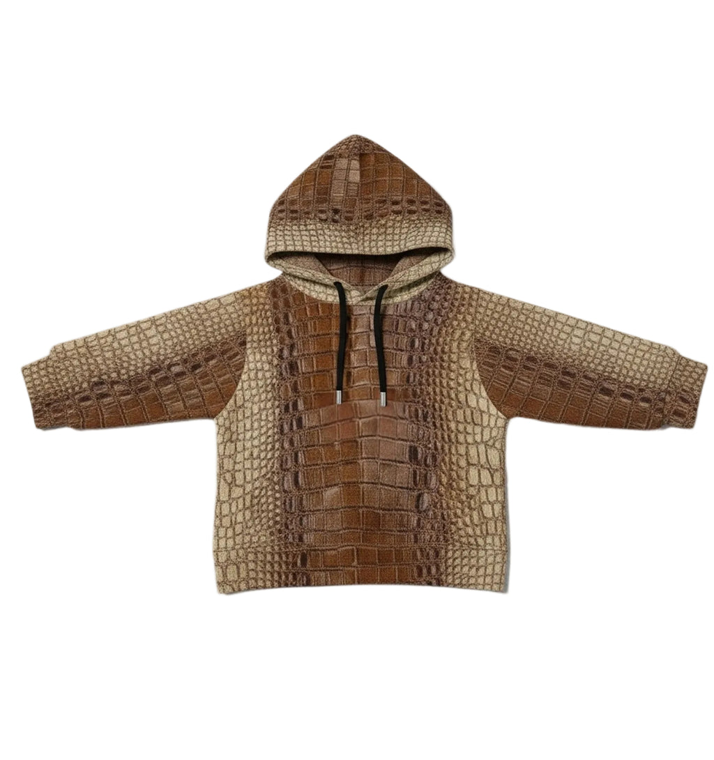 Oversized luxury streetwear hoodie with allover patina croco-print, brown and beige