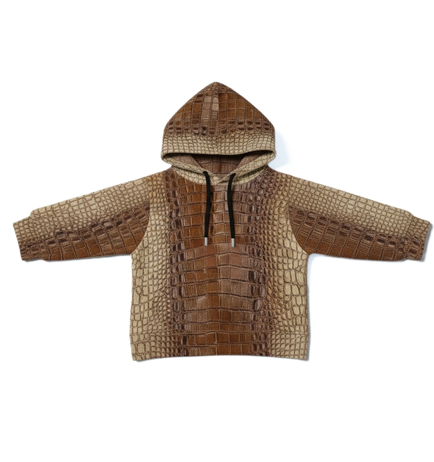 Oversized luxury streetwear hoodie with allover patina croco-print, brown and beige
