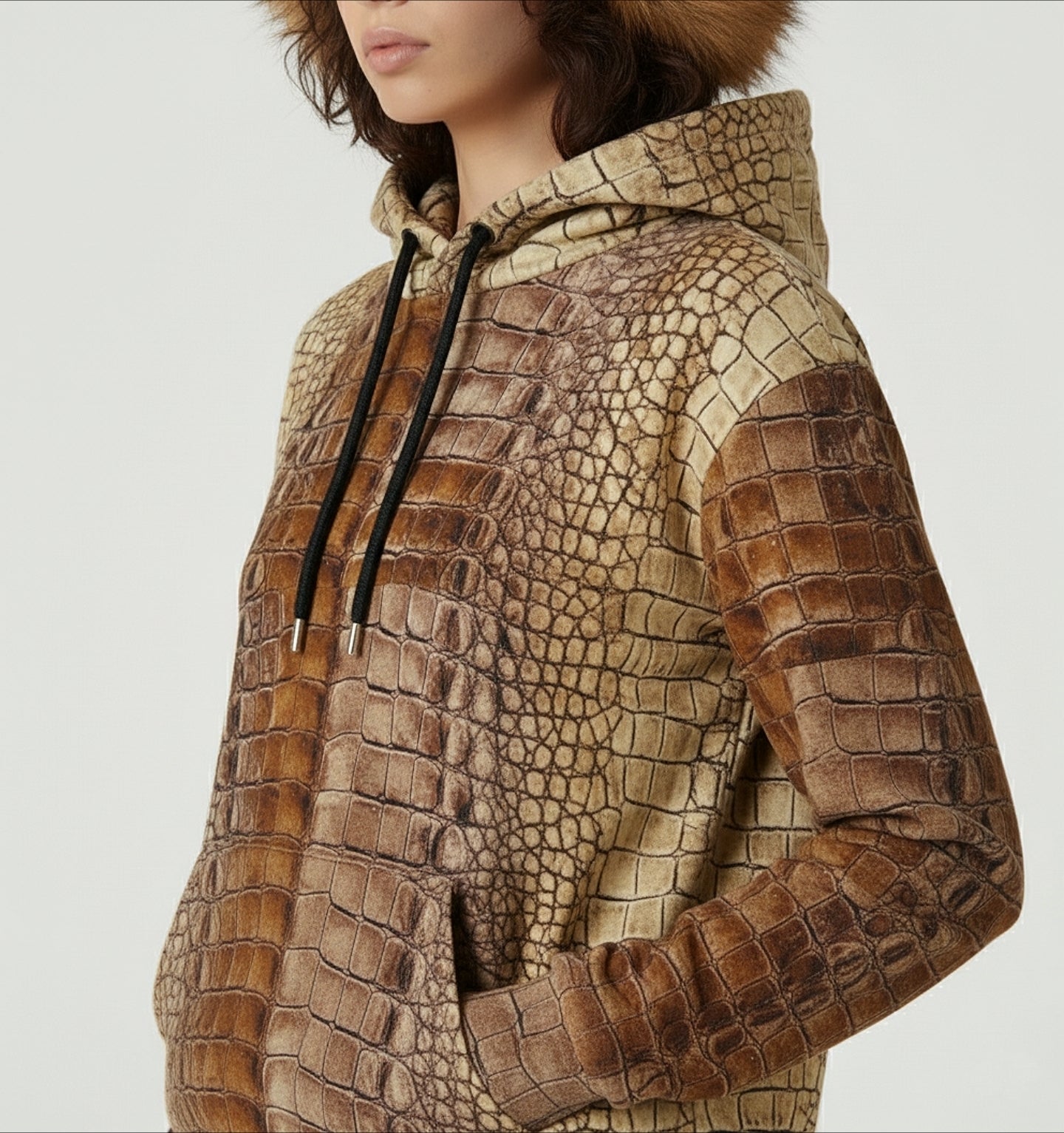 Unisex patina croco hoodie, statement fashion for visionary trendsetters