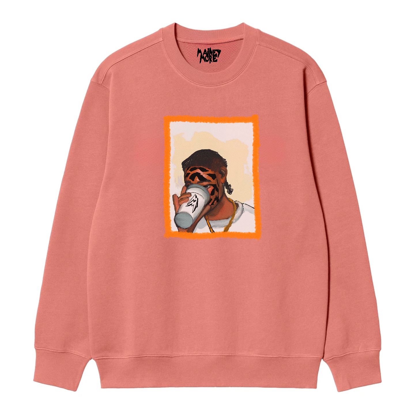 Jumper with an eye-catching print of a person holding a dirty drank, adorned with a distinctive tiger pattern on their face. The orange frame accentuates the illustration, appealing to buyers who appreciate an urban lifestyle and unique fashion.