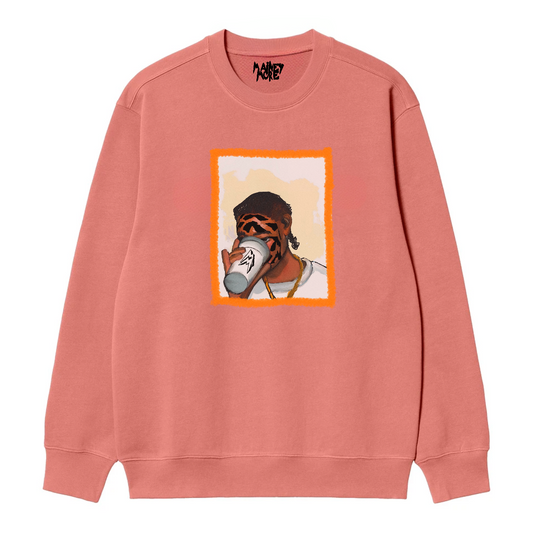 Jumper with an eye-catching print of a person holding a dirty drank, adorned with a distinctive tiger pattern on their face. The orange frame accentuates the illustration, appealing to buyers who appreciate an urban lifestyle and unique fashion.