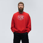 Red sweatshirt from Mainey More with an abstract mask and eye-catching comic lettering, luxurious and stylish.