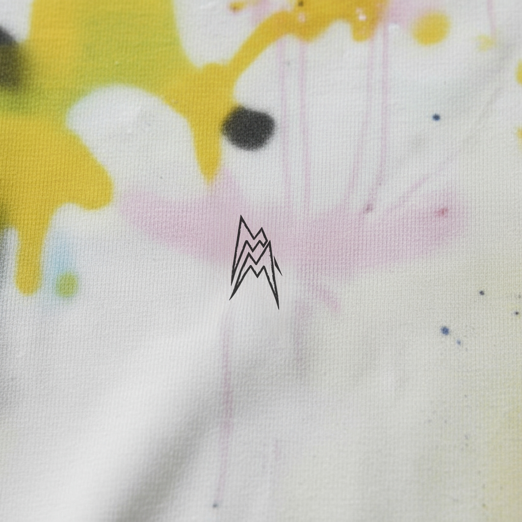 Close-up of a limited edition street couture T-shirt: handmade spray effects and subtle logo in the center of the chest.