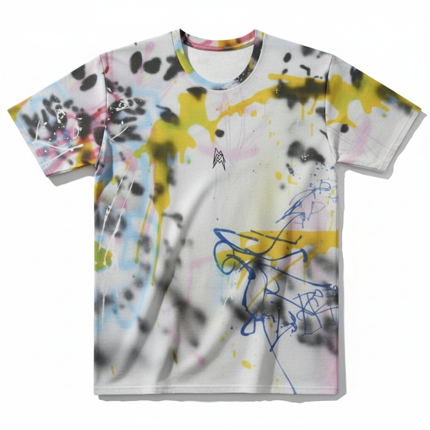 All-over print shirt with lively calligraphy, pastel washes, and black splatters, relaxed fit, premium cotton.