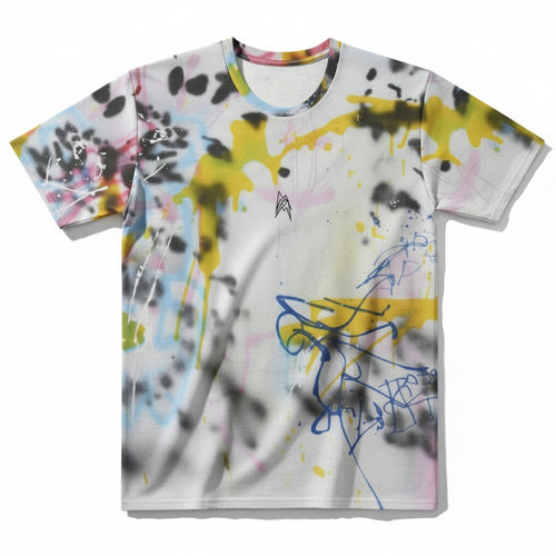 All-over print shirt with lively calligraphy, pastel washes, and black splatters, relaxed fit, premium cotton.