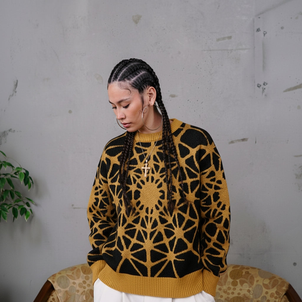 designer knit sweater with a golden geometric kaleidoscope pattern and textured structure.