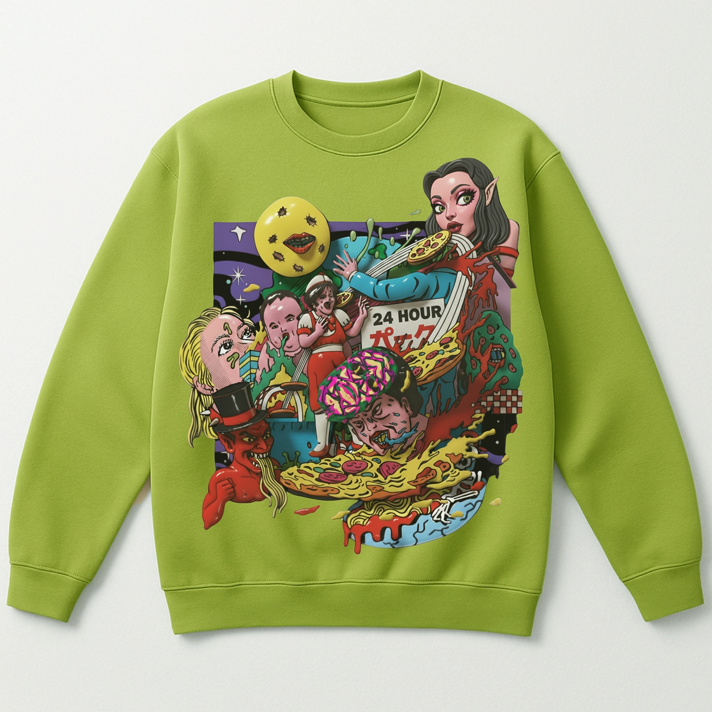 Lime green oversized sweatshirt with limited edition artist collaboration print — surreal pizza, anime characters, and neon motif, designer streetwear