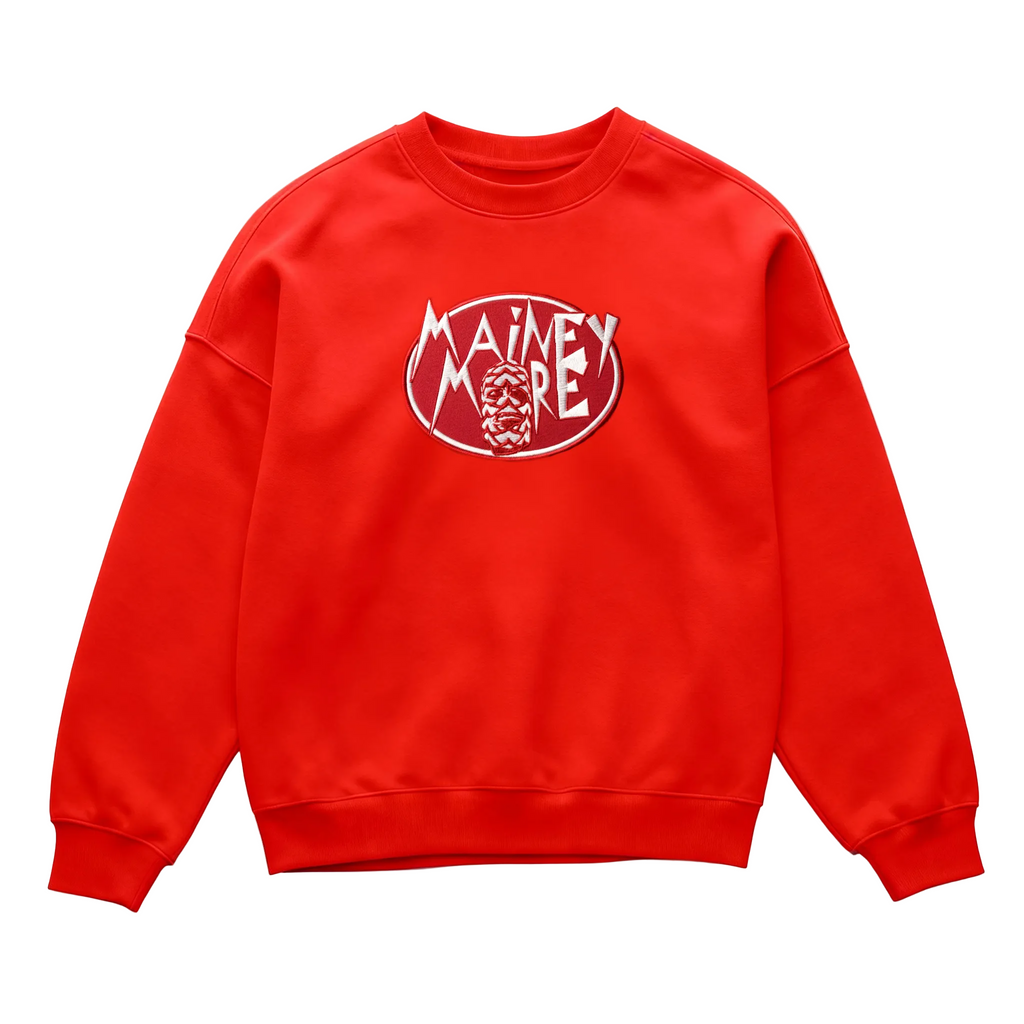 Bold red streetwear sweater with masculine Mainey More patch, urban oversized cut and exclusive logo design.