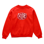 Bold red streetwear sweater with masculine Mainey More patch, urban oversized cut and exclusive logo design.