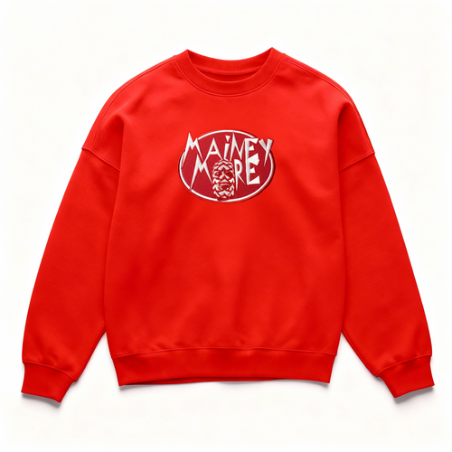 Bold red streetwear sweater with masculine Mainey More patch, urban oversized cut and exclusive logo design.