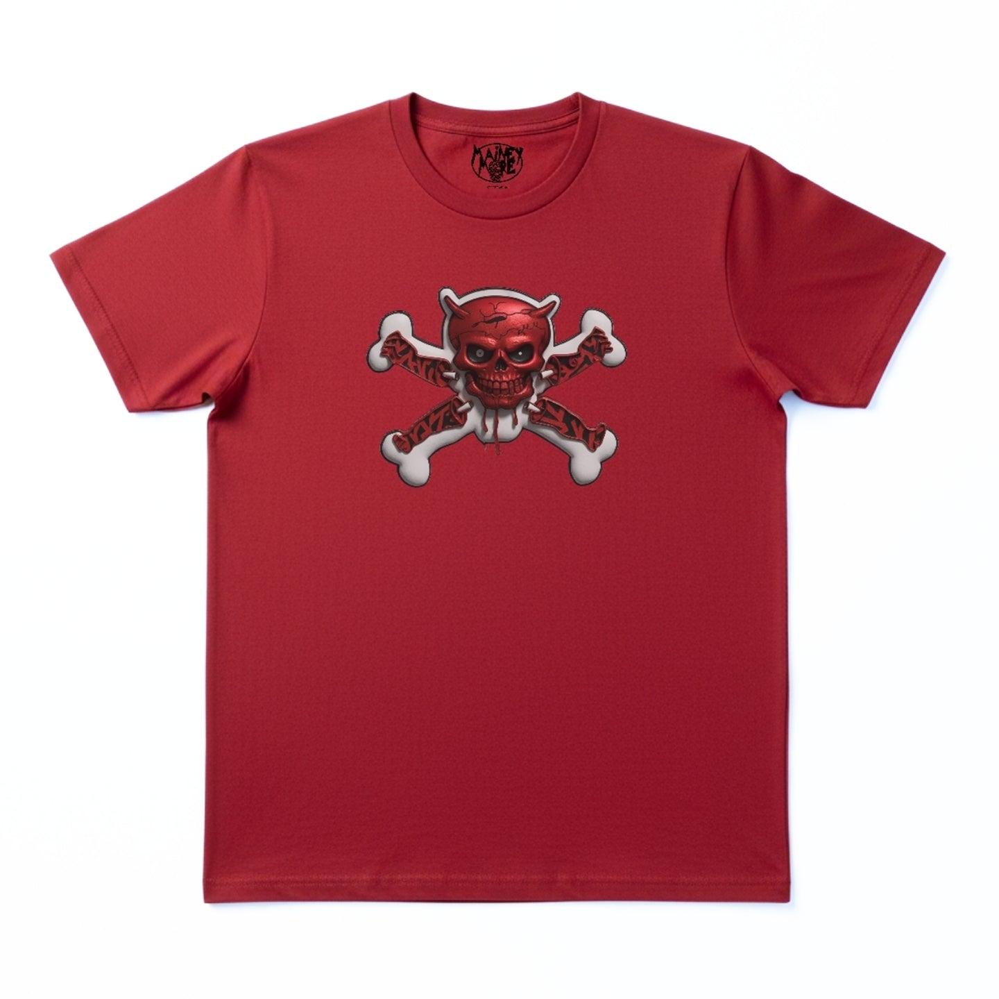 UNISEX loose fit T Shirt Red, horned skull with cracks and blood-like drops over crossed white bones. The bones feature a red and black tattoo pattern in streetwear style.