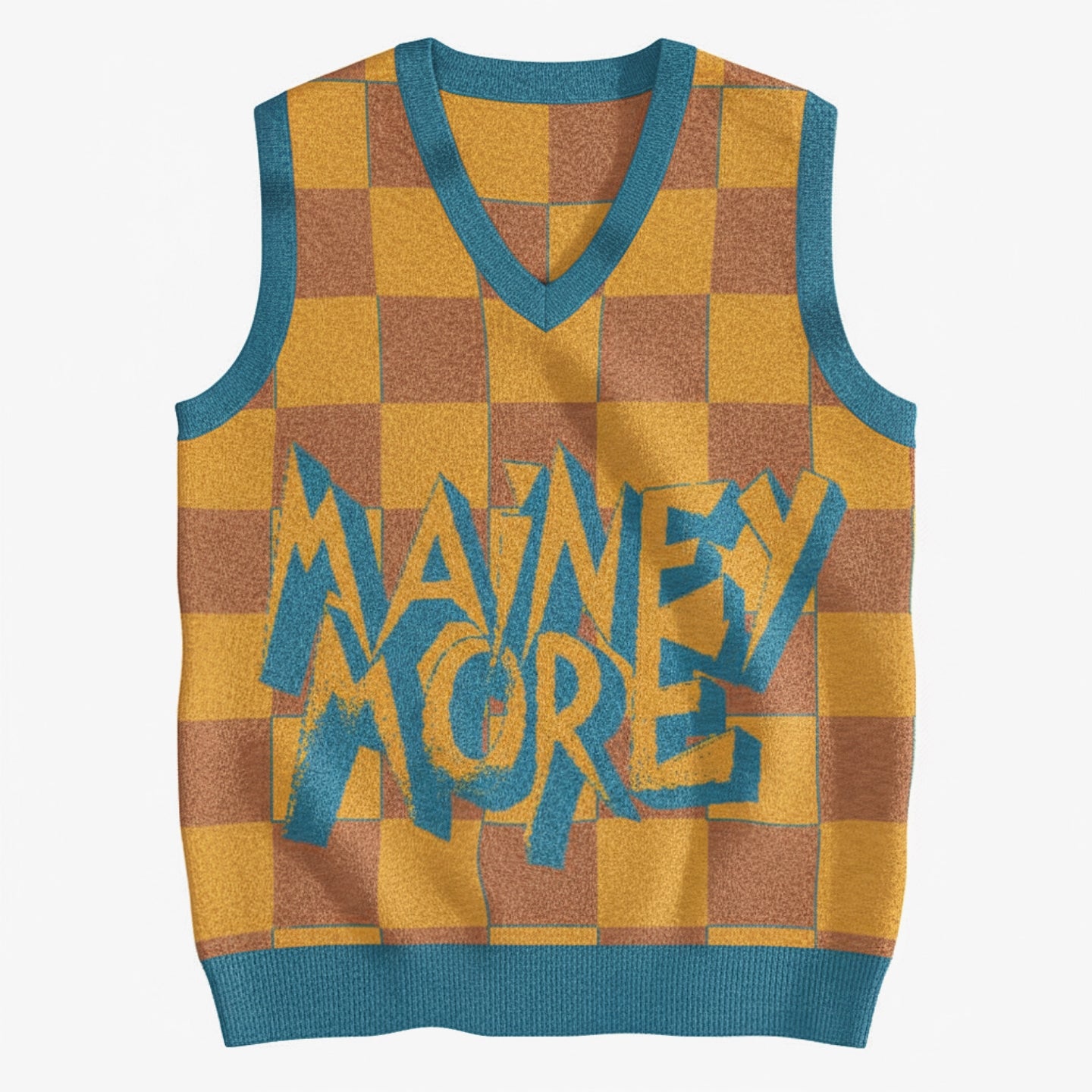 MAINEY MORE knit vest with yellow-brown checkerboard pattern, teal details, and bold graffiti logo