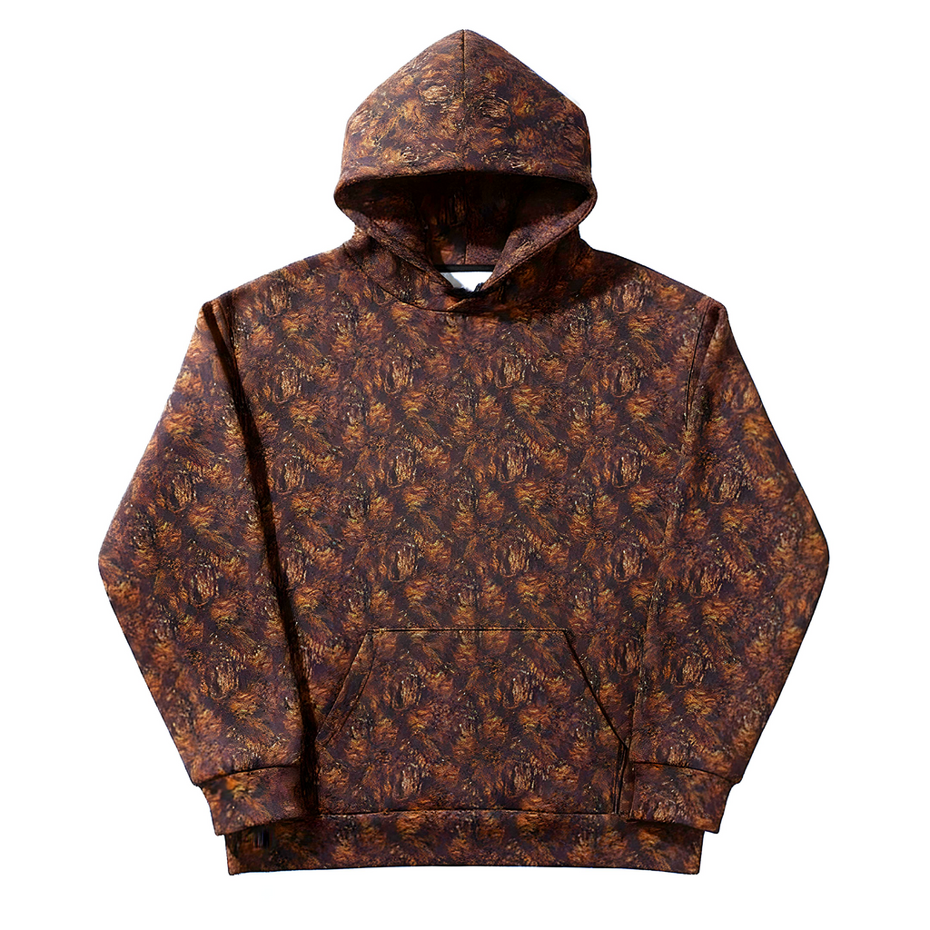 Patina Mirage Hoodie as a unisex heavyweight piece with an exclusive brown pattern, modern and urban