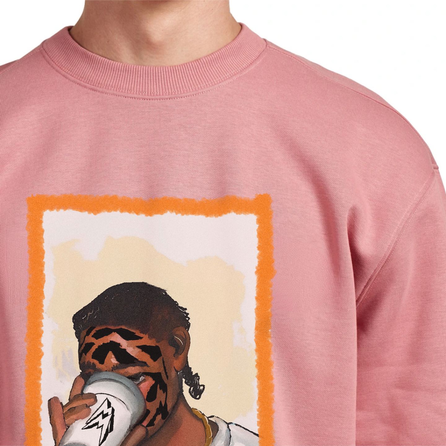 Colorful Jumper  featuring a stylized illustration of a person drinking from a cup, with a striking tiger face pattern. The orange frame around the illustration enhances the urban look, appealing to streetwear fans and art enthusiasts.