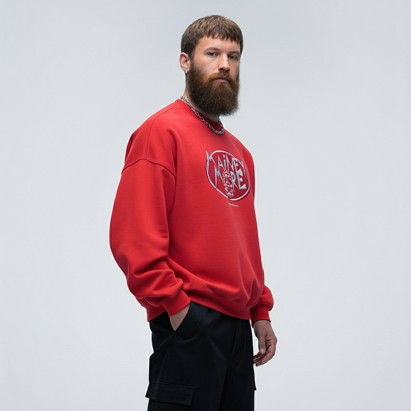 Unisex sweater in bright red with embroidered, artistic logo - inspired by urban luxury fashion