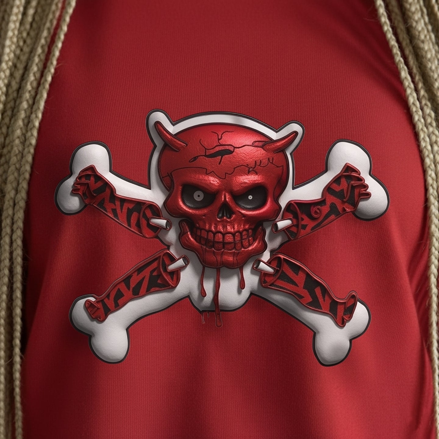 Aggressive red demon skull and crossed bones with tribal tattoo details. High-contrast design on a deep black background.