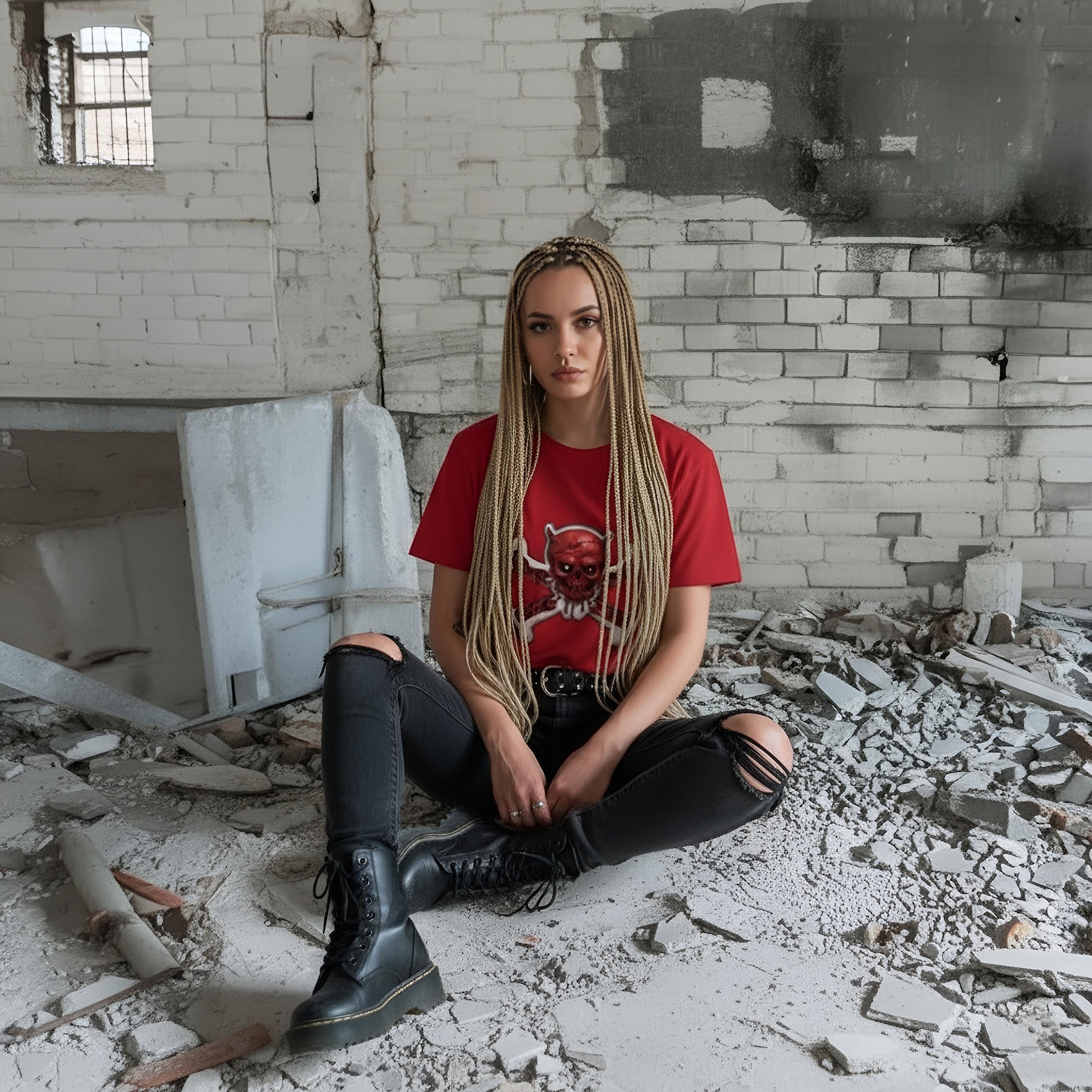 Digital 3D design of a red devil skull and crossbones emblem, high-end streetwear textile, NFT/collection