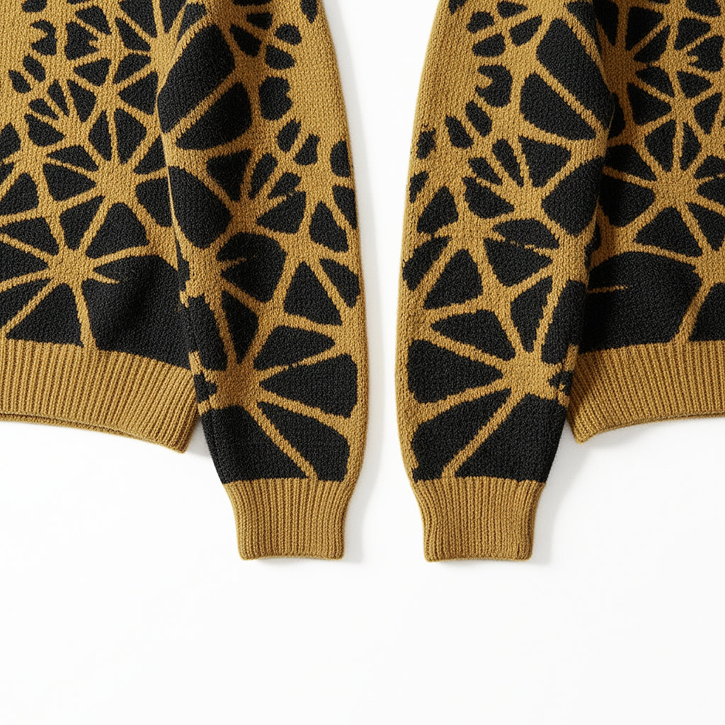 Sophisticated knit pullover with large-scale gold and black line ornament, drawing from modern streetwear and art.