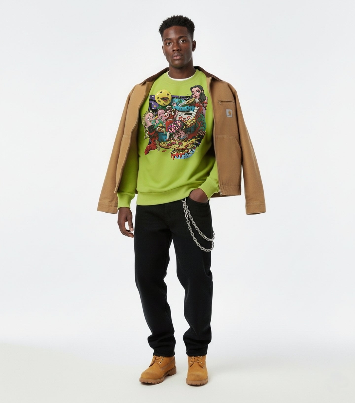 Styling shot: green Artist Collab sweatshirt with Japanese-inspired surreal print — perfect for collectors of designer streetwear