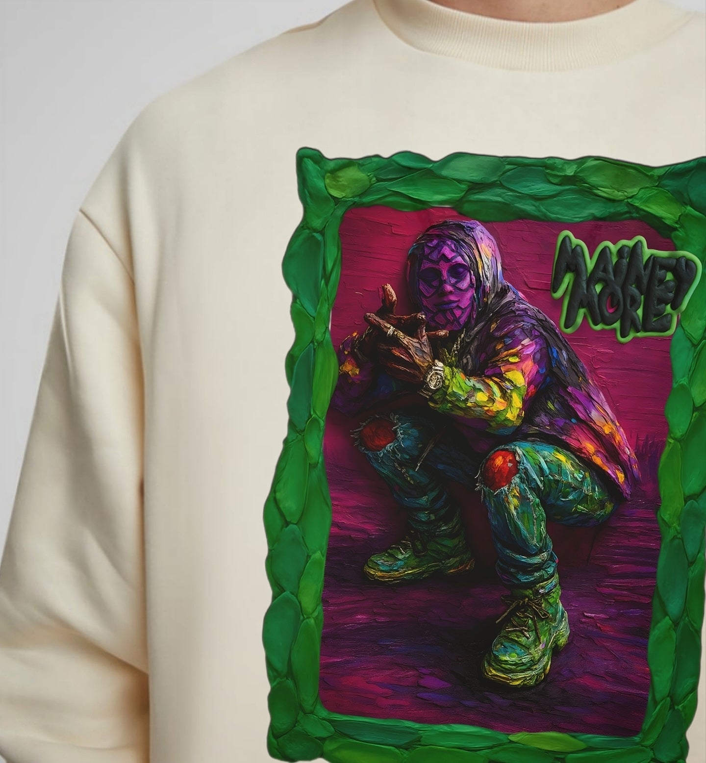 Outlandish unisex sweater with eye-catching graffiti-inspired print, bright and expressive design