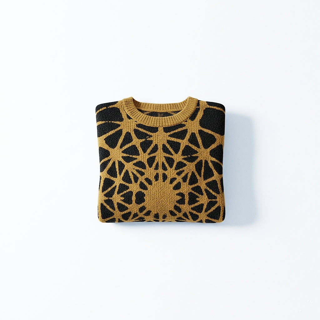 masterfully crafted crewneck sweater. Geometric gold-ochre lines radiate across a deep black base