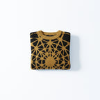 masterfully crafted crewneck sweater. Geometric gold-ochre lines radiate across a deep black base