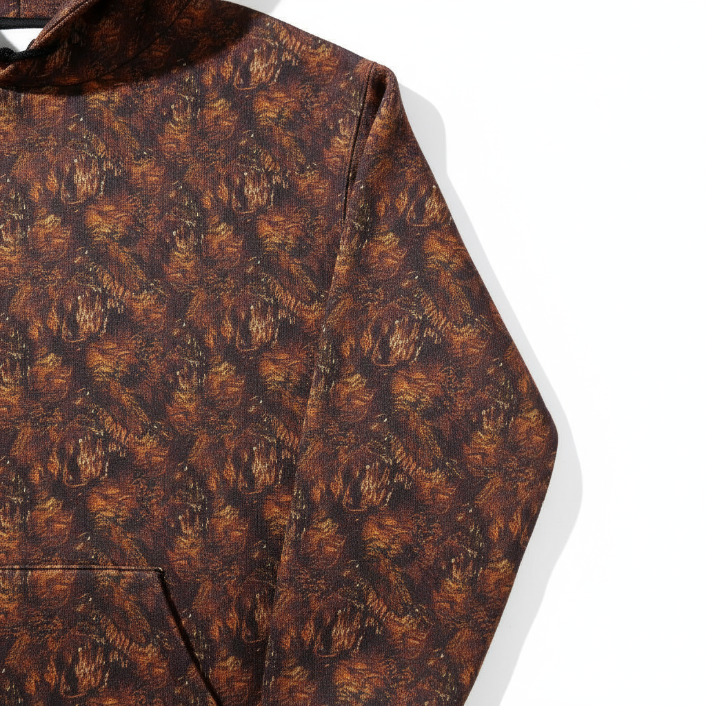 Sustainable hoodie with patina for eco-fashionistas, fairly produced, urban all-over design