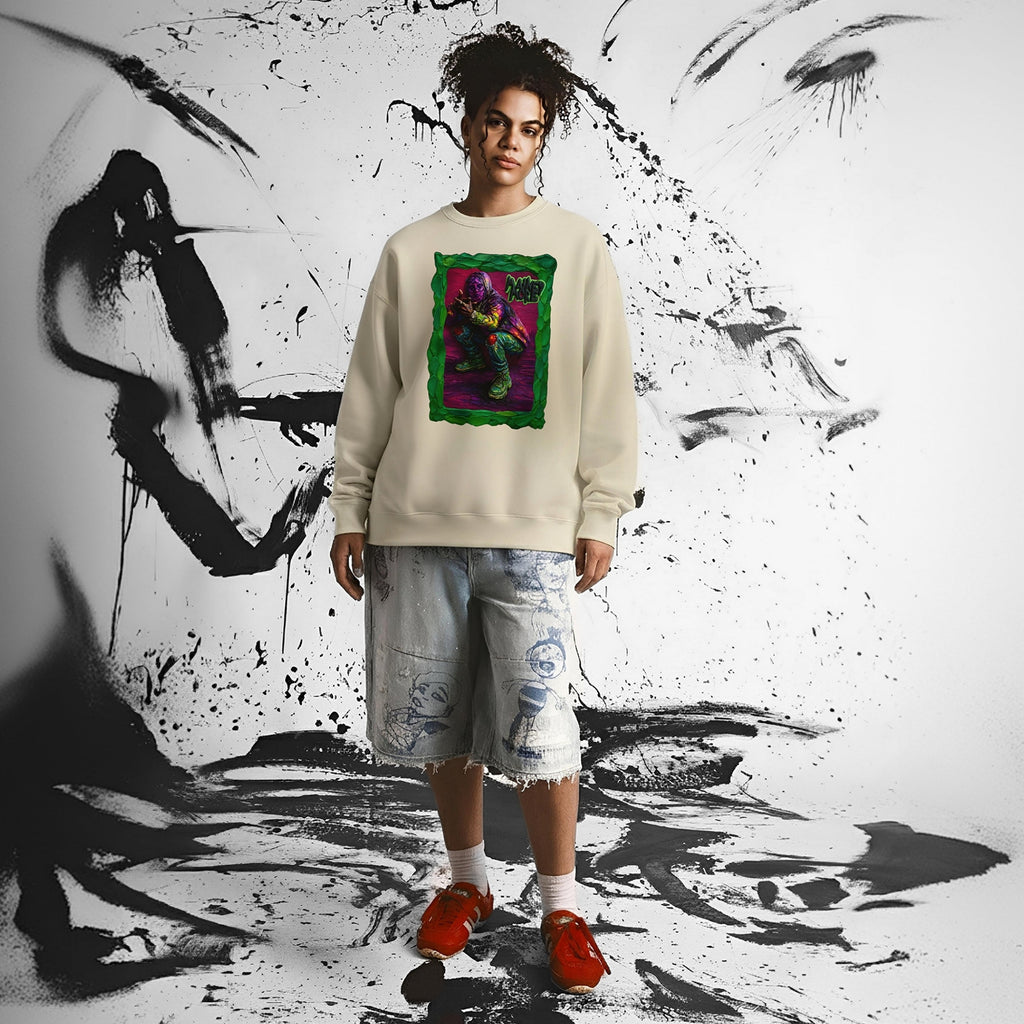 Streetwear sweater with neon-coloured urban figure in 3D gallery frame and graffiti lettering, on beige