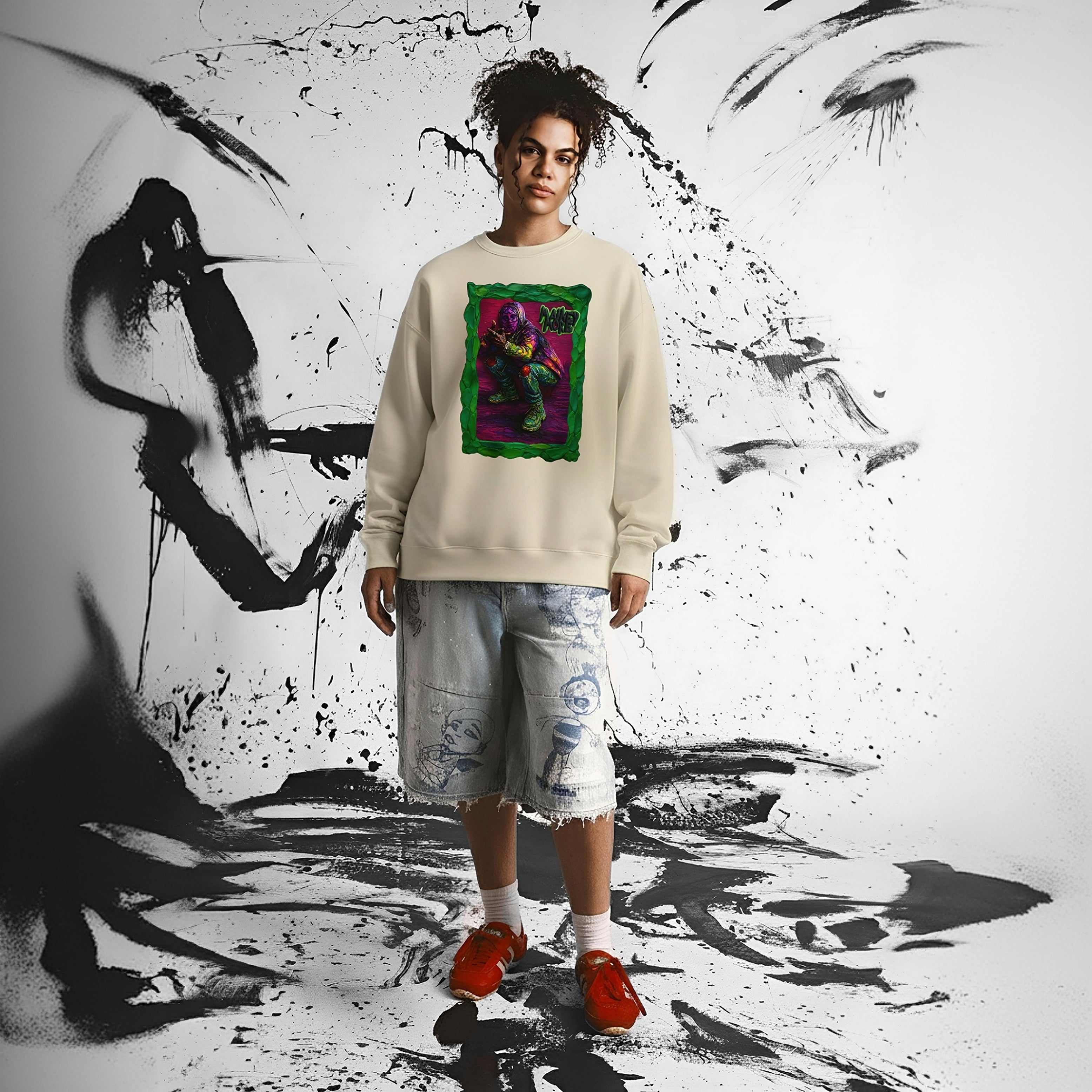 Streetwear sweater with neon-coloured urban figure in 3D gallery frame and graffiti lettering, on beige