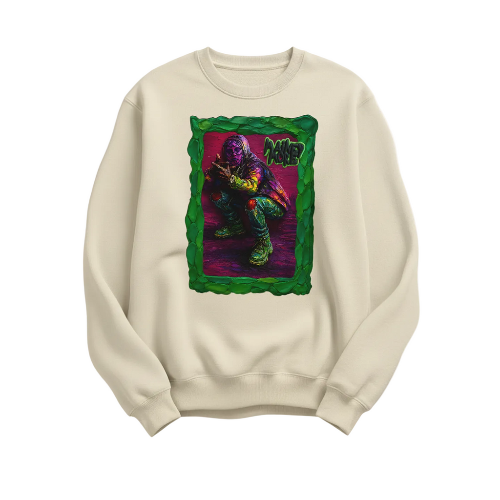 Streetwear sweater with neon-coloured urban figure in 3D gallery frame and graffiti lettering, on beige