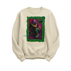 Streetwear sweater with neon-coloured urban figure in 3D gallery frame and graffiti lettering, on beige