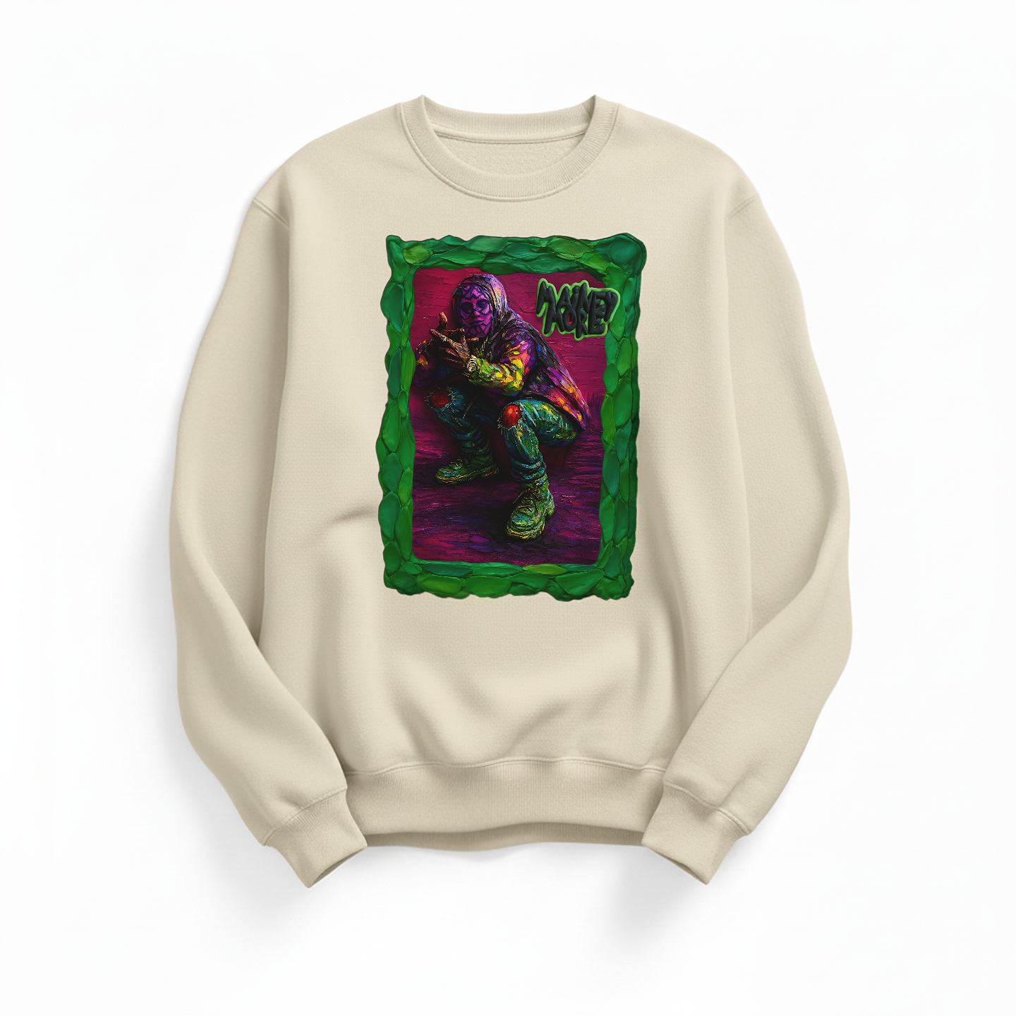 Streetwear sweater with neon-coloured urban figure in 3D gallery frame and graffiti lettering, on beige