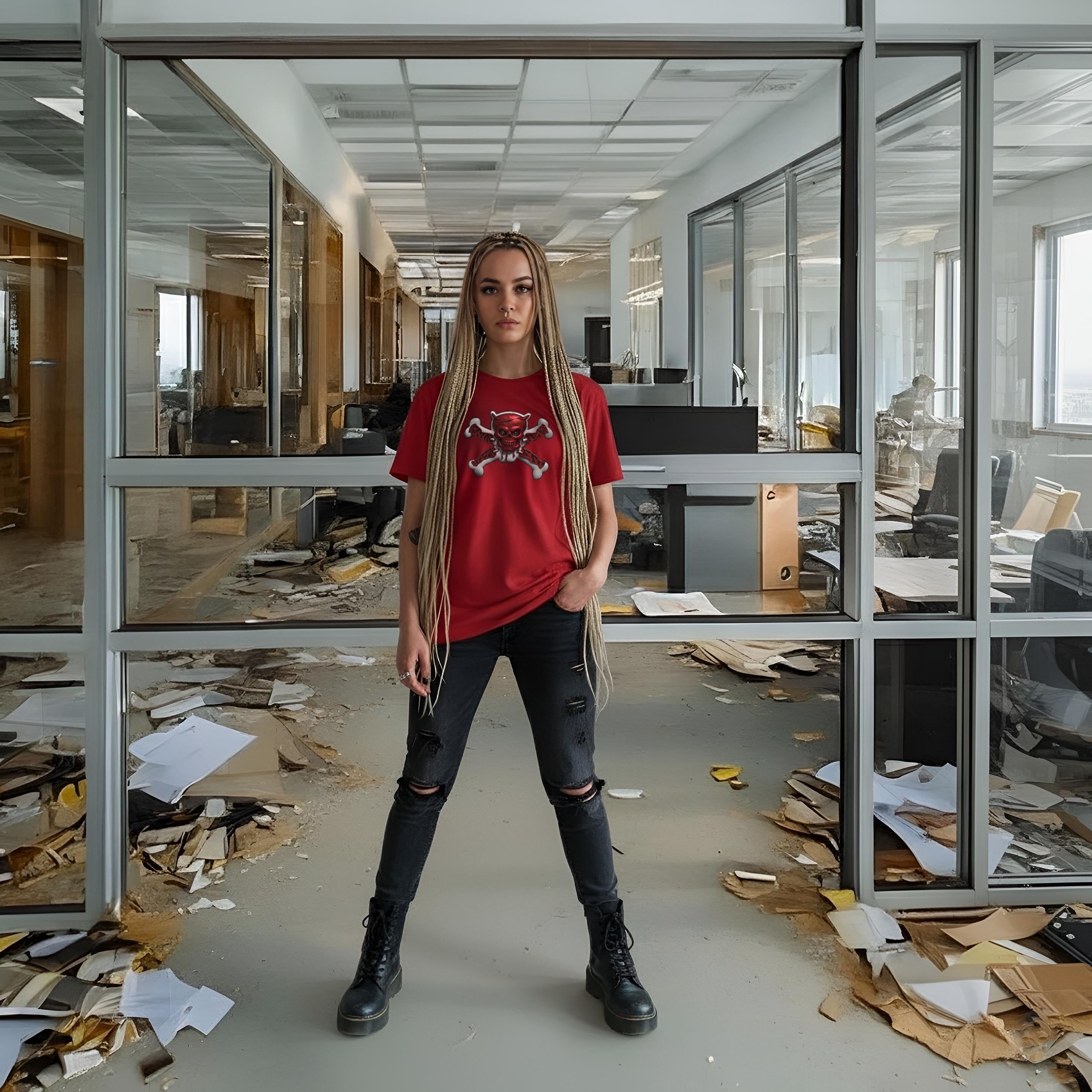 Luxurious dark art streetwear patch: skull with devil horns and white crossed bones, whose arms are decorated with a striking red and black tribal or lettering tattoo pattern.