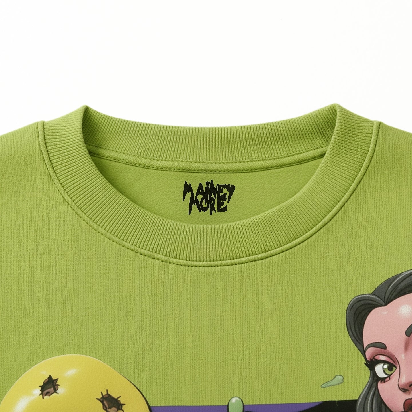 Front view of "Midnight Pizza" sweatshirt in lime green, oversized cut, luxury streetwear, and gallery fashion