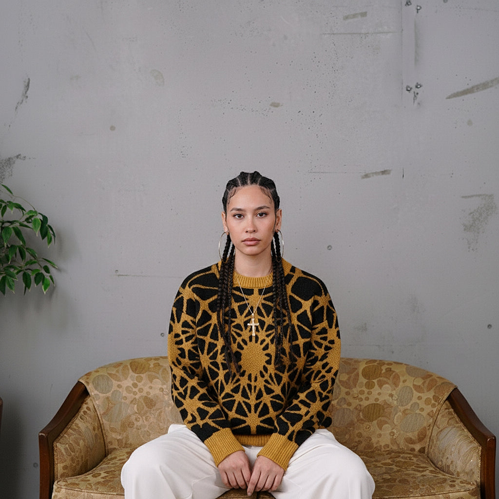 Exclusive luxury knit sweater with a bold, kaleidoscopic gold-on-black pattern