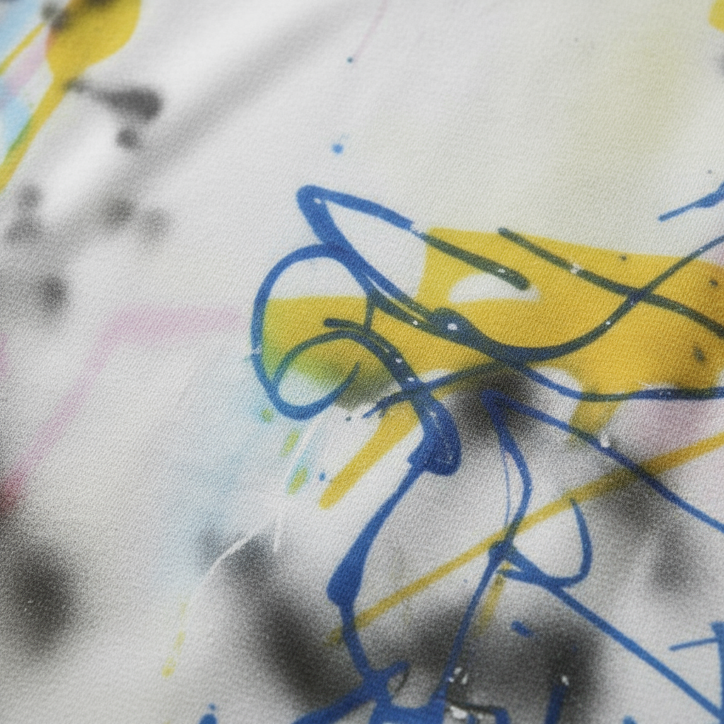 Unisex T-shirt with all-over graffiti spray print in pastel yellow, blue, and black, small central emblem — luxurious streetwear.