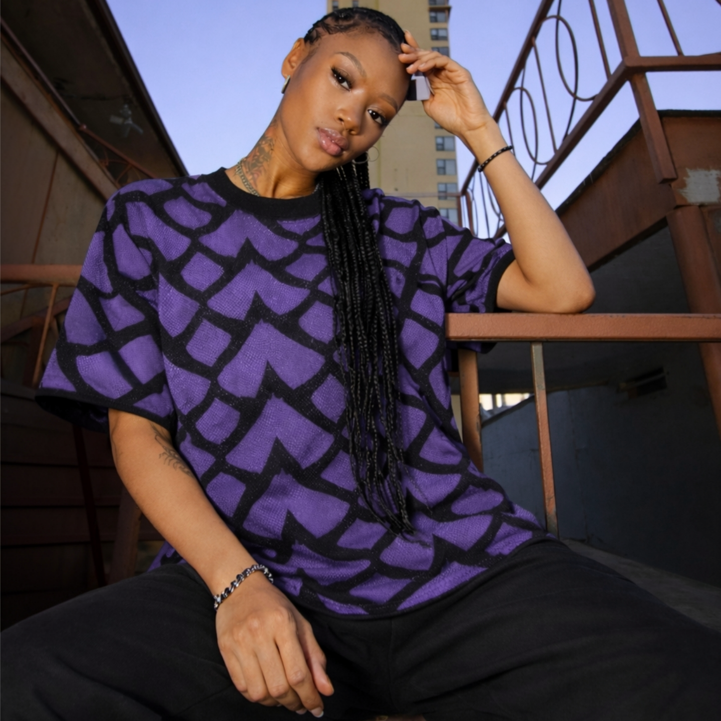 FRACTURED GRID VIOLET UNISEX KNIT TEE