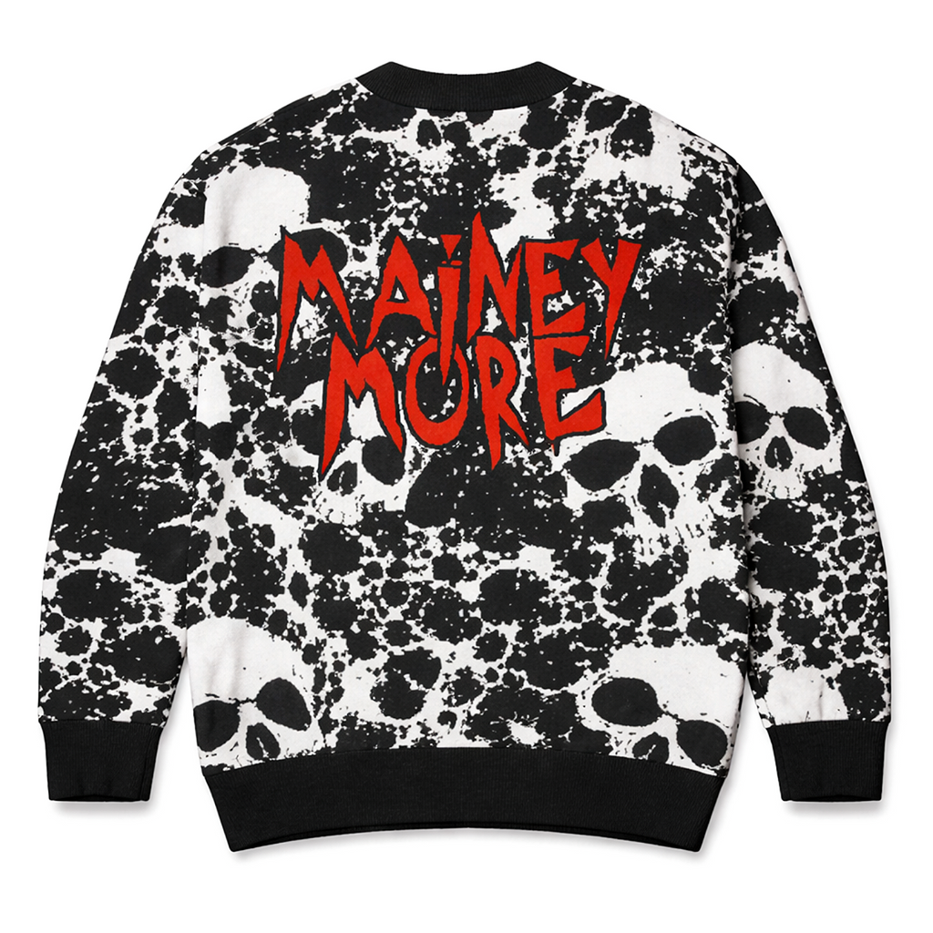 Skull splatter cardigan with V-neck, black buttons and ribbed collar and cuffs