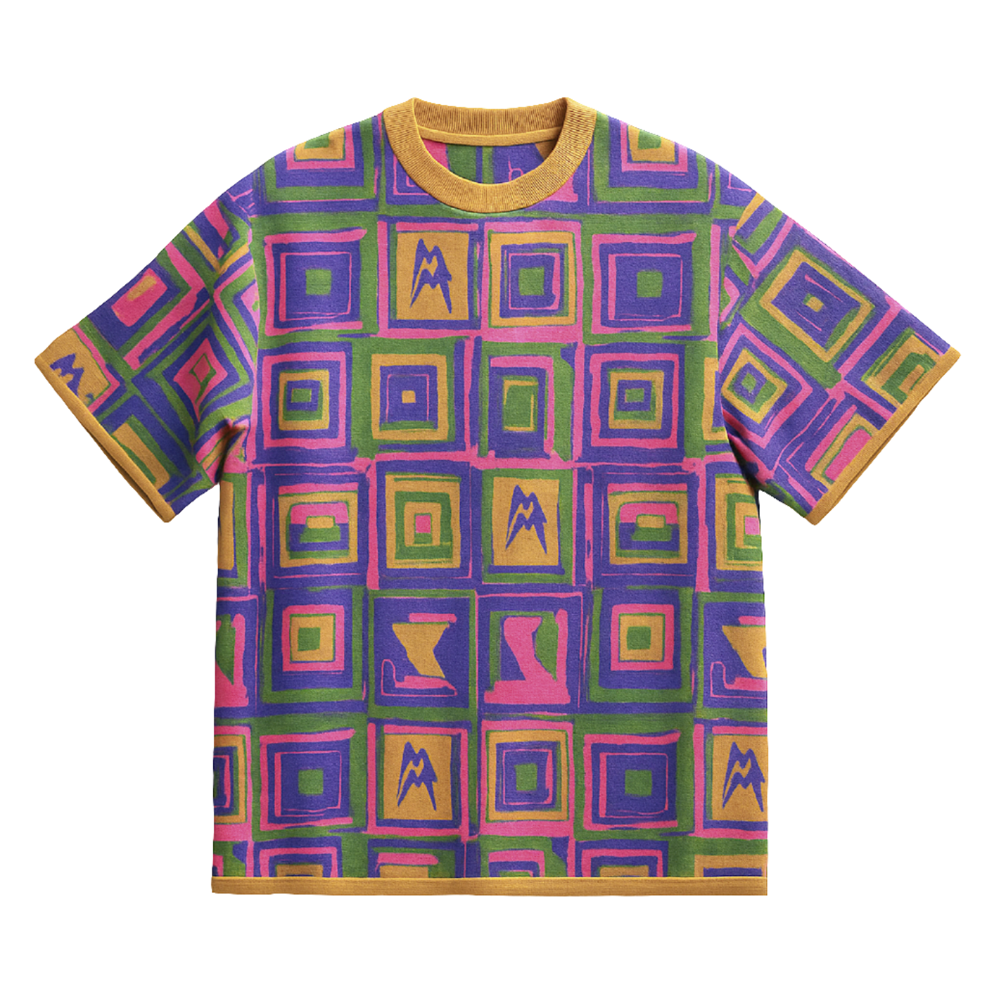 Unisex t-shirt with op-art square pattern in violet, pink, olive green, and saffron with yellow rib trims