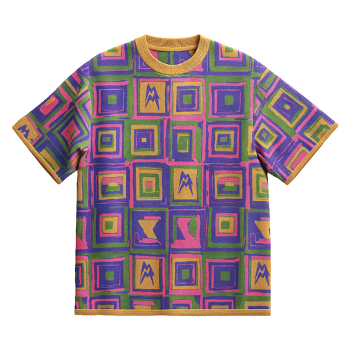 Unisex t-shirt with op-art square pattern in violet, pink, olive green, and saffron with yellow rib trims