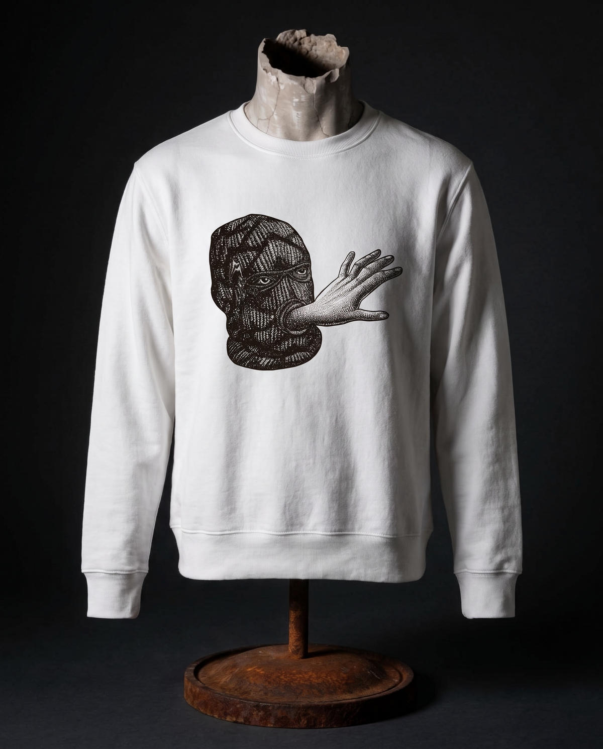 Proxy Voice Regular Fit White Unisex Pullover with Printed Mask Logo